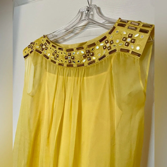 ALICE by Temperley Dress Size 2 Embellished Jeweled Neckline Sheer Retro Yellow - Picture 3 of 11